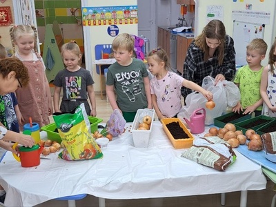 Дети и воспитатели высаживают лук